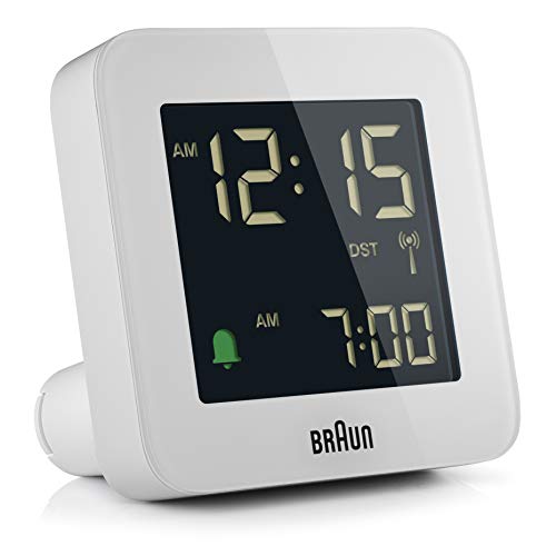 Braun Reloj Despertador de Viaje controlado por Radio Zona con Hora Central Europea (DCF) con función repetición, configuración rápida, Alarma por pitido en Crescendo en Blanco, BC09W-DCF.