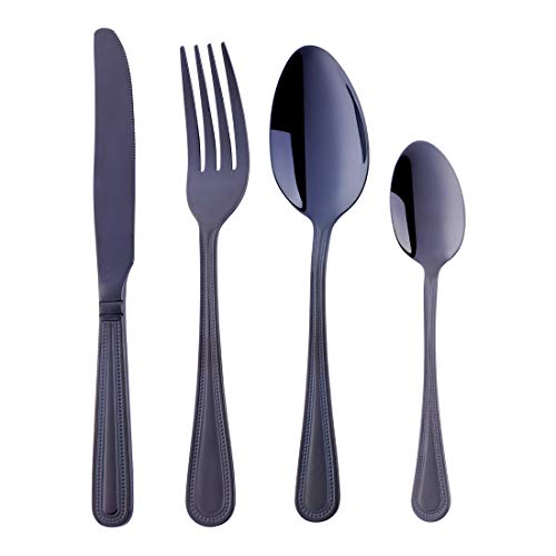 Buyer Star Black Cutlery Set, 24pcs Stainless Steel Dinner Table Knives Forks Dessert Spoons Teaspoons, Classic Bead Flatware Set for 6, Mirror-polished Basic Dinnerware