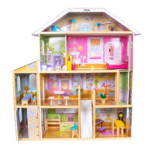 Calma Dragon Casa de Muñecas W06A358, de Madera con Muebles Incluidos, Mansion para muñecas, 4 Pisos para muñecas de 30cm, con Ascensor y 28 Accesorios.