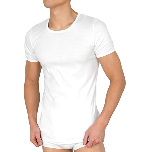 Camiseta interior para hombre (4 unidades) con cuello redondo – Camiseta de manga corta de 100% algodón (acanalado fino) en blanco, negro y gris 4 x blanco M