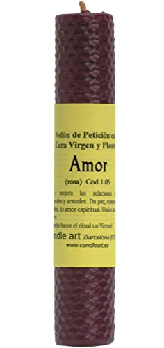 Candle Art Vela Amor - Vela ESOTÉRICA. Encontrar el Amor Verdadero. Color Rosa, Cera de Abeja con Plantas. Vela esotérica ritualizada para Trabajos de Magia. Medidas. Alto: 20 cm x Diám.: 3,6 cm.