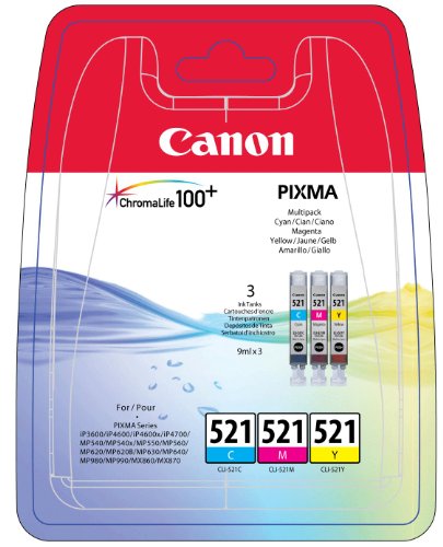 Canon CLI-521 3 Cartuchos Multipack de tinta original Cian/Magenta/Amarillo para Impresora de Inyeccion de tinta Pixma MX860,870-MP540,540x,550,560,620,620B,630,640,980,990-iP3600,4600,4600x,4700