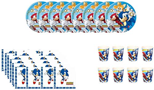 CAPRILO Lote de Cubiertos Infantiles Desechables Modern Sonic (8 Vasos, 8 Platos y 16 Servilletas) .Vajillas y Complementos. Juguetes y Regalos de Cumpleaños, Bodas, Bautizos y Comuniones.