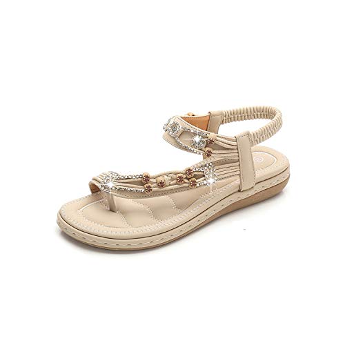 Chickwin Sandalias Mujer Planas Verano Playa, Zapatos de Bohemias Elegant Cómodos Moda Fiesta Cuero Slingback Peep Toe Talla Grandes (EU37=235mm/9.25in,Albaricoque)