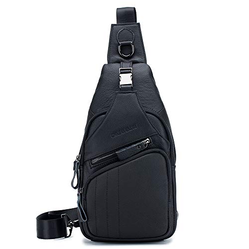 CMXSEVENDAY NOB105 Mochila de Pecho de Hombre en Piel Genuina Bolso de Hombro Cuero, 18x33cm - Negro(Litchi Grano)