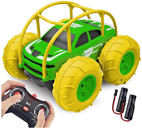 Coche Teledirigido, 2.4 GHz 4WD RC Coche Anfibio Acrobacia Rotación Volteo de 360 Grados, Juguete Impermeable, con Batería Recargable, Regalo para niños (Verde)