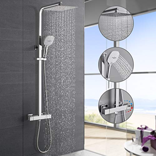 Conjunto de Ducha Termostático Inoxidable, WOOHSE 38 ℃ Columna de Ducha Cuadrado con Termostato Sistema de Ducha con 10" Alcachofa Ducha Lluvia y 3 Tipos Ducha de Mano Set de Ducha Altura Ajustable Conjunto de Ducha Termostático Inoxidable, WOOHSE 38 ℃ Columna de Ducha Cuadrado con Termostato Sistema de Ducha con 10" Alcachofa Ducha Lluvia y 3 Tipos Ducha de Mano Set de Ducha Altura Ajustable