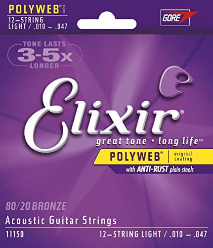 Cuerdas de guitarra acústica de 12 cuerdas Elixir Strings de bronce en proporción 80/20 con recubrimiento POLYWEB, calibre ligero (.010-.047)