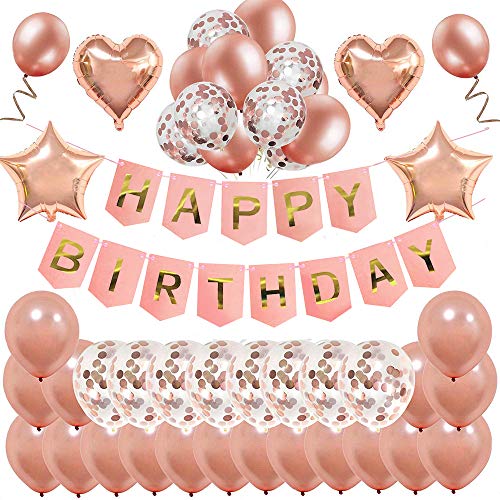 Decoración de cumpleaños en oro rosa, feliz cumpleaños Decoración guirnalda Banner de cumpleaños para fiesta con globos y globos de confeti y globos de aluminio de corazón para niñas y mujeres 18