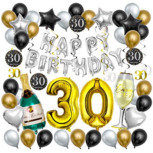 Decoración de la Fiesta de Cumpleaños 30 Años, Comius Sharp 65 pcs Negro y Dorado Balloon de Látex Colgando Remolinos Botella de Champán Globo para Cumpleaños de 30 Años Partido