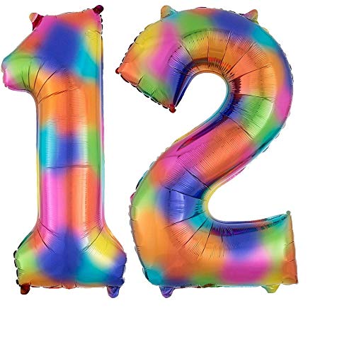 DIWULI, gigantescos globos de número XXL, número 12, globos Crazy Rainbow, número de globos de arco iris, globos de papel de aluminio número no años, globos de papel de aluminio para el 12º cumpleaños