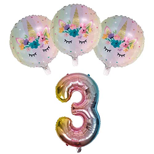 DIWULI, Juego de Globos, número 3, Globos unicornio, globos de número arco-iris, globos de papel de aluminio años inflatable, globos grande para el 3° cumpleaños niña niños, decoración, fiesta