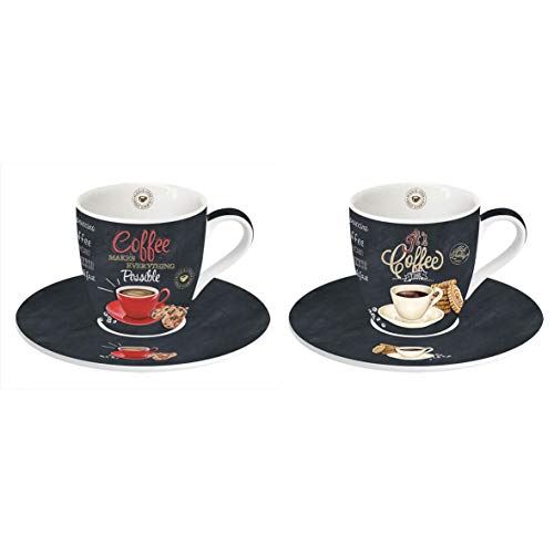 EASY LIFE Juego de 2 Tazas de café con platillos - Fabricado en Porcelana - diseño Italiano exámenes - un Gran Regalo Idea - Vaso para Llevar con Tapa de café Ideal fo Cualquier