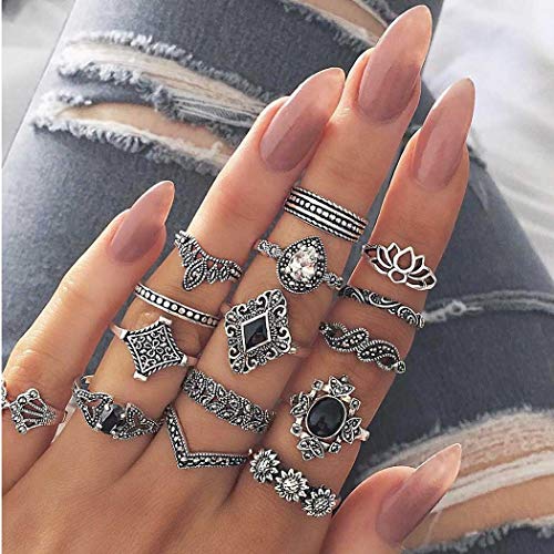 Edary Conjunto de anillos de loto Boho con piedras preciosas de cristal para las mujeres y las niñas (15 piezas)