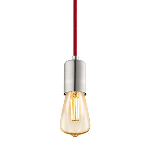 EGLO Yorth - Lámpara de techo colgante vintage industrial de acero níquel mate, cable rojo, lámpara de mesa de comedor colgante con casquillo E27 EGLO Yorth - Lámpara de techo colgante vintage industrial de acero níquel mate, cable rojo, lámpara de mesa de comedor colgante con casquillo E27
