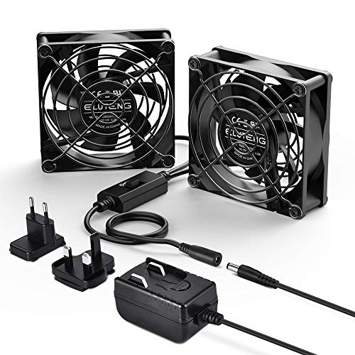 ELUTENG 80mm Fans 12V 1A, Dual PC Fan DC Powered Quiet Desk Fan 2 In 1 Cooling Fan with Speed Controler & Black Metal Grill for Receiver DVR Computer PC PS4 XboxTV Box Laptop AV Cabinet