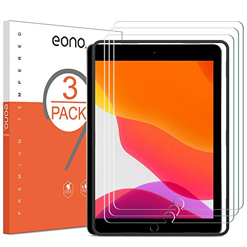 Eono Essentials [3 Piezas] Protectores de Pantalla para iPad 10.2 (Modelo de 2019), Vidrio Templado con dureza 9H, Claridad de Cristal, Instalación Sin Burbujas, con Marco de Alineación