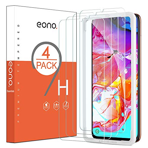 Eono Essentials [4 Pack] Protector de Pantalla para Samsung Galaxy A70, Cristal Templado, Sin despegamiento, Sin Burbujas, con Posicionador