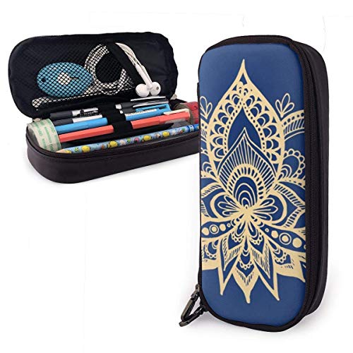 Estuche para lápices Mandala con flor de loto dorado y azul, estuche para lápices de gran capacidad, organizador de papelería con cremallera para oficina escolar, multifunción