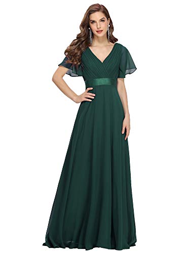 Ever-Pretty A-línea Vestito de Gala Cuello en V Manga Corta Gasa Corte Imperio para Mujer Verde Oscuro 46