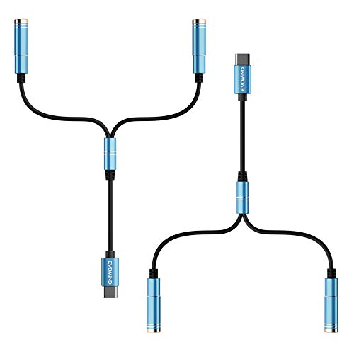 EVOMIND Splitter Audio USB Tipo C a Dual Jack Hembra 3.5mm [2x30CM] Cable Adaptador USB C Divisor Sonido y/o Micrófono para Auriculares, Smartphone compatibles, y Más – 2x30CM Azul
