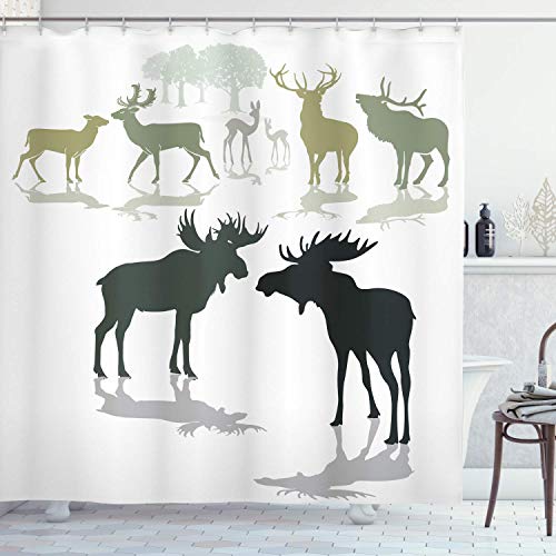 Fabric Shower Curtain Liner with Hooks Antlers Elk Deer And Fawn Silhouette Forest At The Background World Natural Habitat Theme Black Green Waterproof Curtains Set for Bathroom Decor 72 X 72''