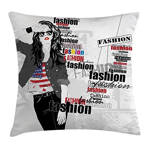 Fashion House Decor Throw Pillow Cushion Cover, A Modern Girl with USA Flag Tshirt Colorful Thema Beauty in Street, Decorative Square Accent Pillow Case,Black White,Size:16x16 Inches/40 cm x 40 cm