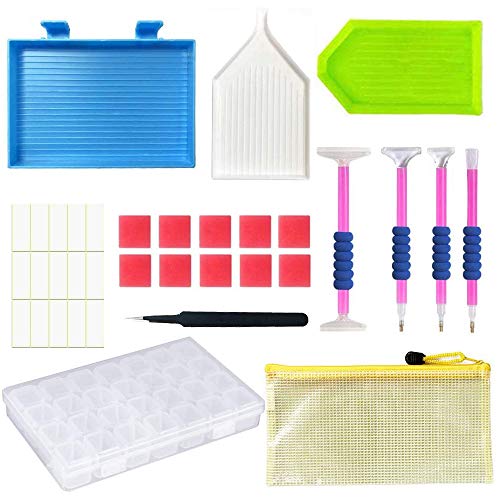 FAVENGO 29 Pcs Herramienta de Pintura Diamante 5D Diy Kit Completo Diamond Painting Plantillas Organizador Diamond Painting + Caja de 28 Compartimento para 5d Pintura Diamante Cuenta Punto de Cruz