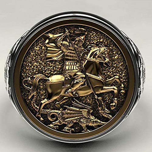 Feeyond Vintage Monarch Ring Men St George Portrait Gold Roman Cavalry Dragon Dragon, Mujeres Bohemian Nordic Mythology Viking Jewelry,9