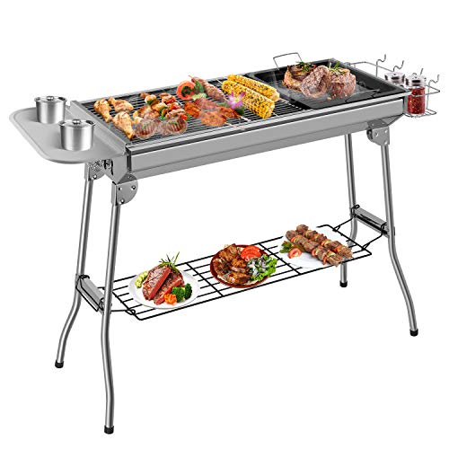 Femor Barbacoa Portátil de Acero Inoxidable, Parrilla de Carbón, Barbacoa Plegable, Barbacoa de Exteriores para BBQ, 73 * 33 * 72 cm, Buena ventilación, Picnic, Camping, Festivales(5-10 Personas)