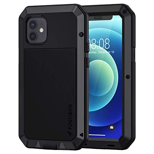 Focusor Funda para iPhone 12 Mini, carcasa exterior resistente a los golpes, carcasa de metal resistente al polvo, carcasa rígida con protector de pantalla integrado, color negro