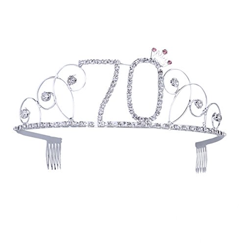 Frcolor Corona de cumpleaños 70 tiara con peineta de cristal, estrás, plata, regalo de 60 años para mujeres