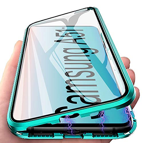 Funda para Samsung Galaxy A51 Carcasa Adsorción Magnética, E-Lush Funda 360 Grados Protección Transparente Caso Metal Flip Cover Frontal y Posterior Vidrio Templado Anti Choque Case, Verde