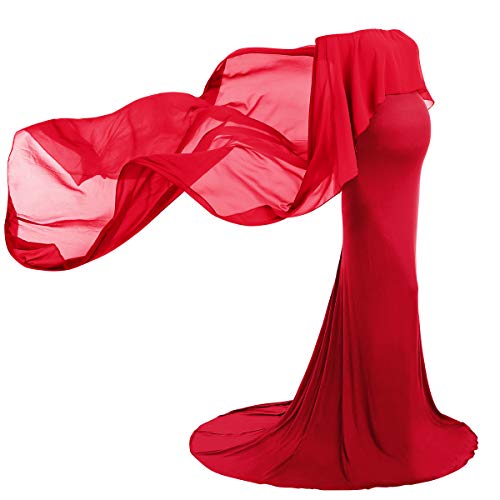 FYMNSI Vestido de maternidad para embarazadas, elegante, con hombros descubiertos, de gasa para mujer, para boda, para sesiones de fotos, ropa premamá rojo S FYMNSI Vestido de maternidad para embarazadas, elegante, con hombros descubiertos, de gasa para mujer, para boda, para sesiones de fotos, ropa premamá rojo S