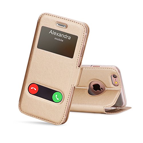 FYY Funda iPhone 6, Funda iPhone 6S, De Soporte Magnetico en la Parte Cubierta y Funcion de Ventana con Vista a Pantalla Superior para Apple iPhone 6/6S Dorado