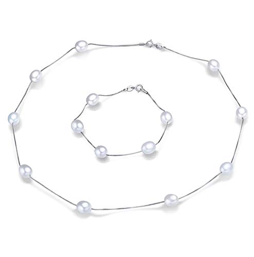 Gargantilla y Pulsera con Perlas Naturales Auténticas y Plata de Ley 925 para Mujer Juego de Joyas con Perlas Cultivadas 8mm