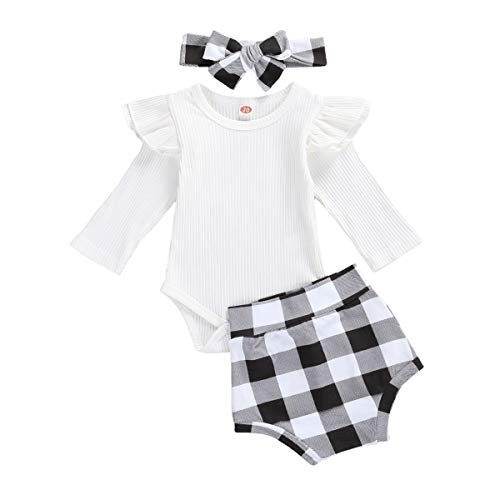 Geagodelia - Conjunto de 3 piezas para bebé de manga larga + pantalones cortos a cuadros + diadema para el pelo de niña Negro 3-6 Meses