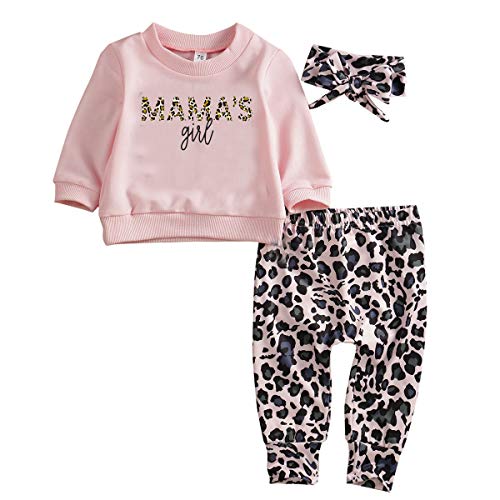 Geagodelia - Conjunto de 3 piezas para bebé niña, sudadera con estampado de leopardo, jersey de manga larga rosa + pantalones de leopardo + diadema de 0 a 24 meses Rosa 0-6 meses