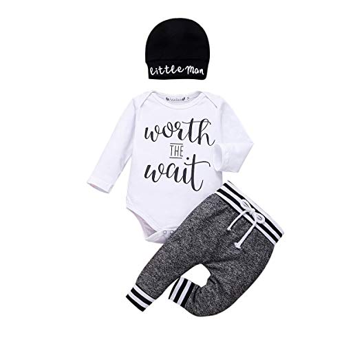 Geagodelia - Conjunto de ropa para recién nacido, 3 piezas, diseño de letra estampada + pantalón + sombrero blanco 0-3 Meses