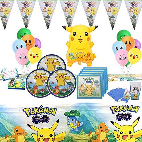 Geenber Pikachu Party Supplies Set Kit de vajilla para Fiesta de cumpleaños con Globos Decoraciones para pancartas Suministros completos para Fiestas de celebración para 10 niños Niños
