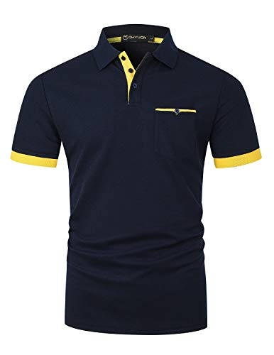 GHYUGR Hombre Polos Manga Corta con Bolsillo Real Elegante Colores de Contraste Camisa Golf Verano Tops Trabajo Camisetas,Azul Marino,L