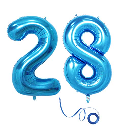 Globo de helio con número 28, color azul, para cumpleaños, número 28, decoración de cumpleaños, tamaño XXL de 100 cm, para decoración de cumpleaños