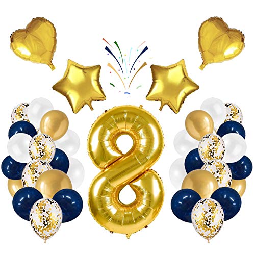 Globo número 8 Korins, número gigante 0 1 2 3 4 5 6 7 8 9 Globo de papel de aluminio con 24 globos de confeti de látex, decoración de aniversario de fiesta de cumpleaños
