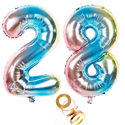 Globos de 100 cm con número 28 en arco iris para niñas y niños, decoración de cumpleaños número 28, globos de helio con números, tamaño XXL, 100 cm, decoración para bodas y cumpleaños