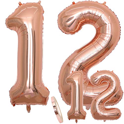 Globos Número 12 Cumpleaños XXL de oro rosa - Helio Globo de lámina gigante en 2 tamaños 40 "y 16" | Set XXL 100cm + Mini 40cm version Decoraciones de cumpleaños |Ideal para el 12 Años como decoración