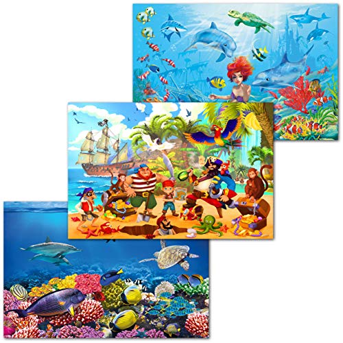 GREAT ART 3er Set XXL Poster Kinder Motive – Ocean Adventure – Unterwasserwelt Meerjungfrau Piraten Insel Fische Nixe Meer Dekor Inneneinrichtung Wandbild Plakat je 140 x 100 cm