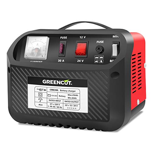 GREENCUT CRB300 - Cargador de batería de coche y moto multifunción de 12V/24V y 30A, cargador con opciones de Carga Rápida y Normal