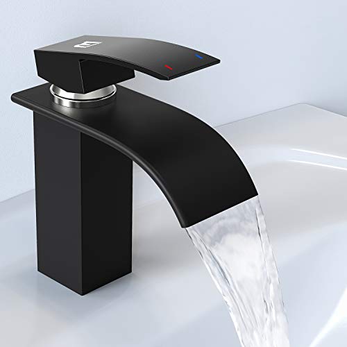 Grifo de Lavabo Baño, MEHOOM Grifo Cascada Monomando para Cuadrado Fregadero Cocina Mezclador, Válvula De Cerámica, Agua Fria y Caliente Disponible,Negro…