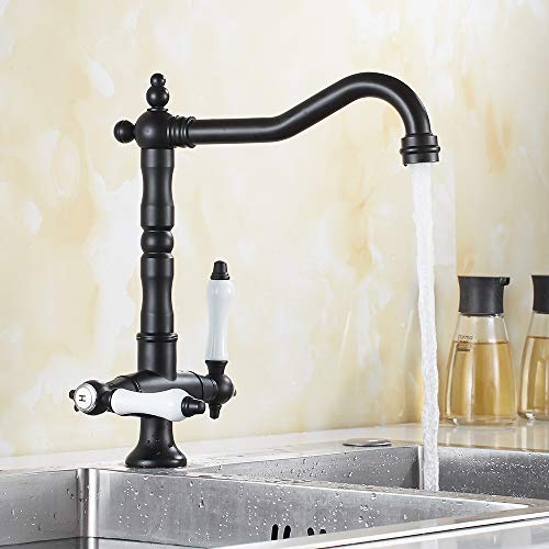 Grifo monomando de lavabo con boquilla superior a 360° para grifo de lavabo, retro, vintage, latón cromado, mango de cerámica caliente y frío (negro) Grifo monomando de lavabo con boquilla superior a 360° para grifo de lavabo, retro, vintage, latón cromado, mango de cerámica caliente y frío (negro)