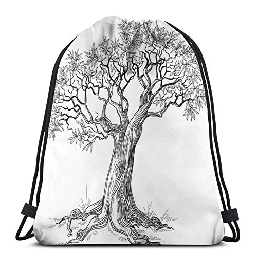 Gym Drawstring Bags Backpack,Olive Tree Figure In Hand Drawn Style Plant Woodland Forest Artistic Growth Picture,Unisex Drawstring Backpack
